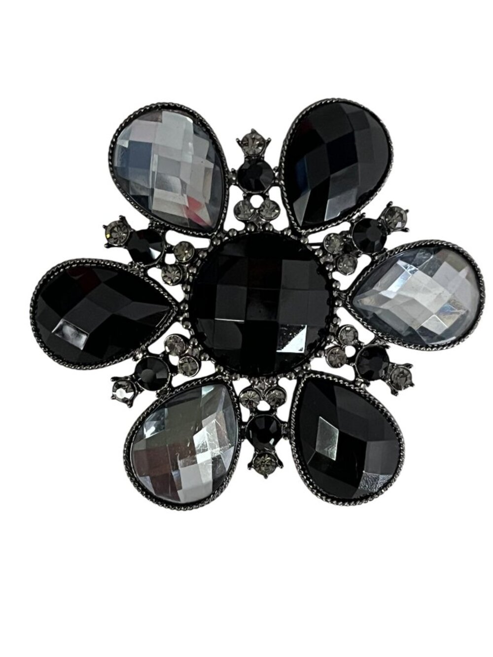 Vintage Black Gray Rhinestone Floral Brooch Gunmetal Tone Statement Pin 3.5 Inch